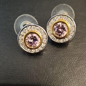 Elegant Gold and Silver Stud Earrings with Purple Gemstone